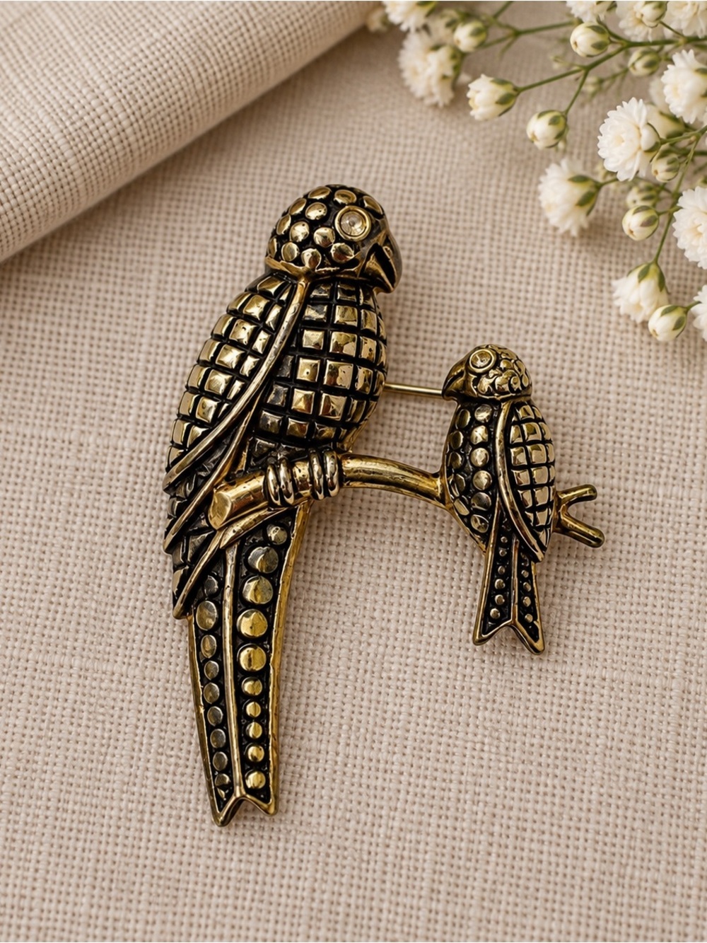 Vintage Two Sisters Pewter Parrot Bird Branch Brooch Pin